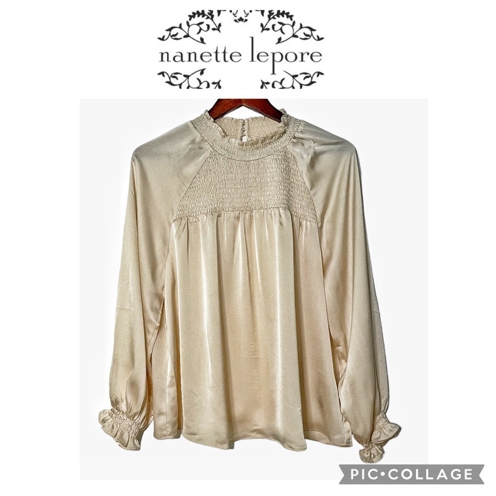 Nanette Lepore satin smocked neck and chest balloons sleeves beige XL NWT